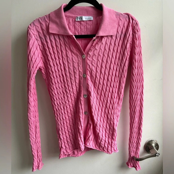 Zara Tops - Zara Pink Cable Knit Button Down Collared Shirt